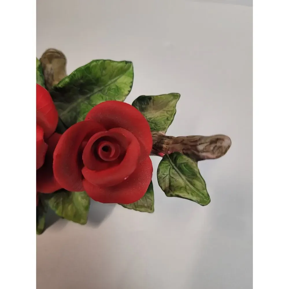 Red Ceramic Rose Figurine Handpainted & Two Resin Rose Magnets Decor